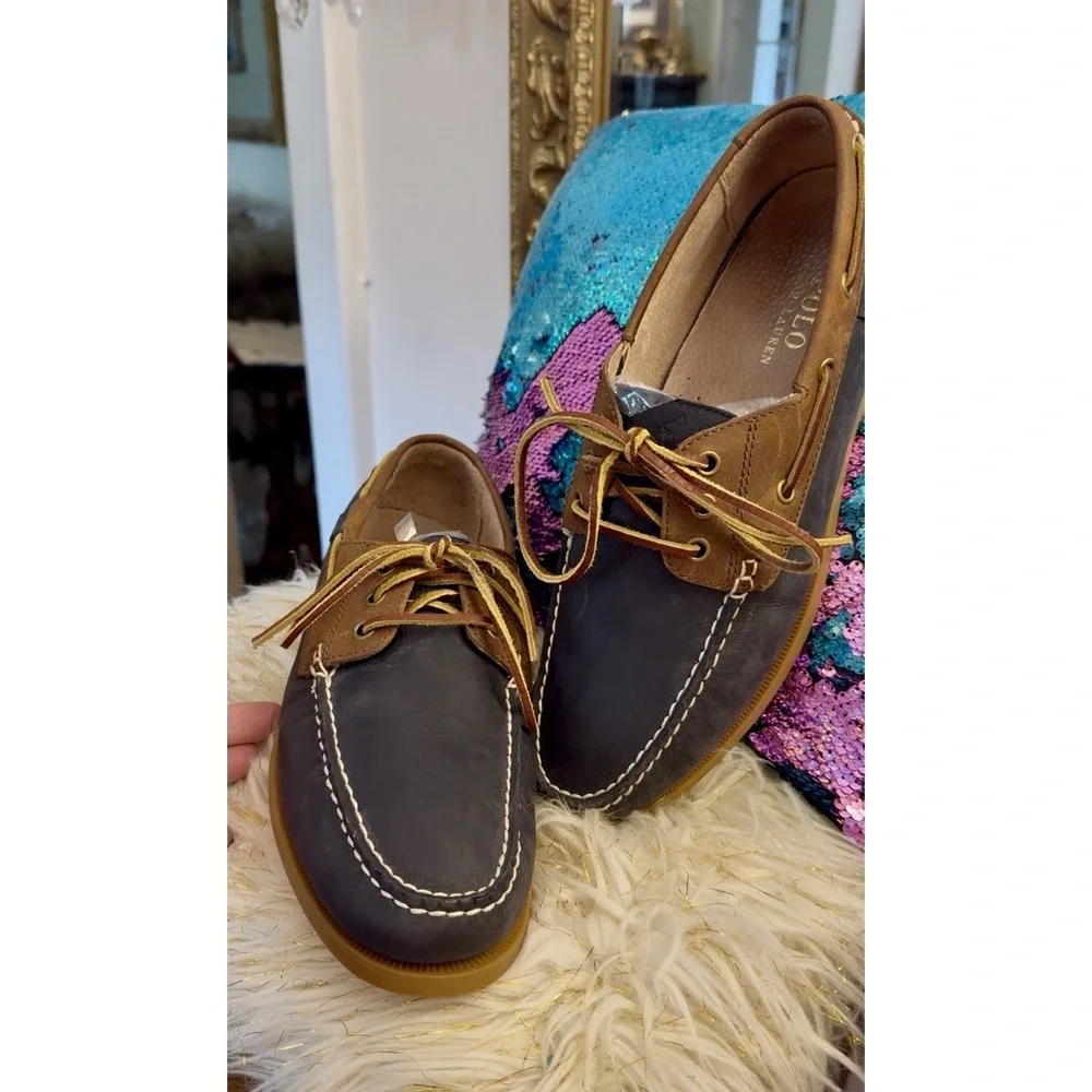 POLO Ralph Lauren BIENNE II Leather Boat Fisherman Shoe Blue Brown Men 12 Photos
